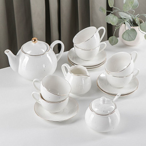 Сервиз чайный 15 предметов ДОЛЯНА Млечный путь (6шт чашек, 6шт блюдец, молочник, чайник, сахарница) белый фарфор 000000000001210616