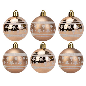 Набор новогодних шаров 6шт 6см со звездами матовые шампань пластик 000000000001209021