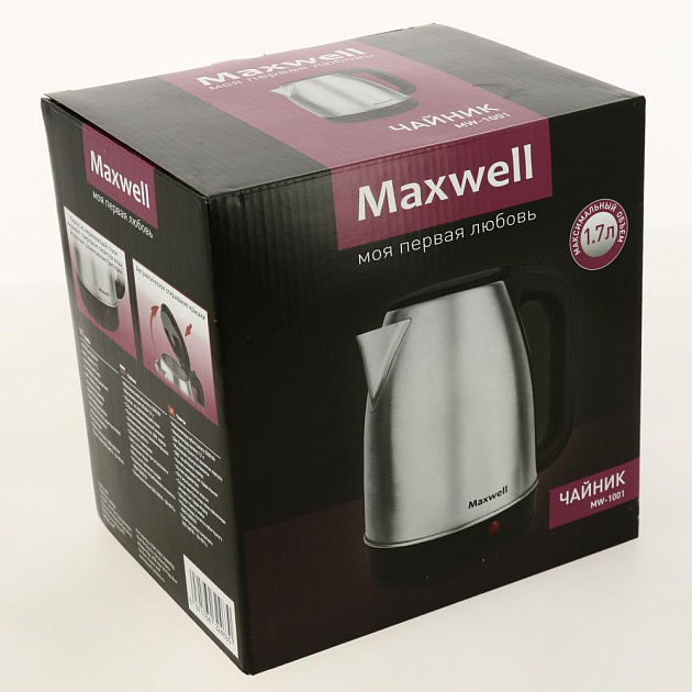 Чайник 1,7л Maxwell MW-1001 мощность 2200вт плоское дно индикатор уровня воды/включения открывание крышки нажатием на кнопку нержавеющая сталь пластик 000000000001204161