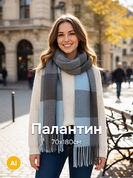 Палантин 70х180см клетка серо-голубой полиэстер 000000000001229218