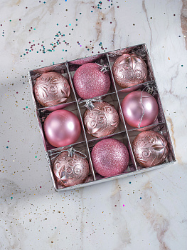 Набор украшений декоративных 9шт розовый пластик (шар матовый 6см-2шт, шар с блестками 6см-2шт, шар с рисунком 6см-5шт) 000000000001208302