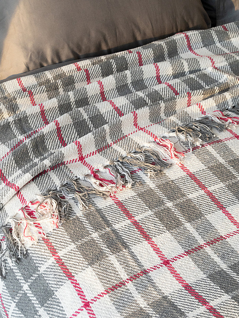 Покрывало 200x220см DE'NASTIA клетка серый/белый хлопок 000000000001229649