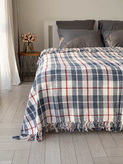 Покрывало 200x220см DE'NASTIA клетка синий/белый хлопок 000000000001229647
