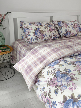 Комплект постельного белья2спDE'NASTIA (пододеяльник175х210см простыня215х240см наволочки50x70см-2шт) Dream Пионы/Клетка фиолетовый/белый жатый хлопок 000000000001227500