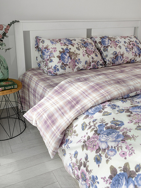 Комплект постельного белья2спDE'NASTIA (пододеяльник175х210см простыня215х240см наволочки50x70см-2шт) Dream Пионы/Клетка фиолетовый/белый жатый хлопок 000000000001227500