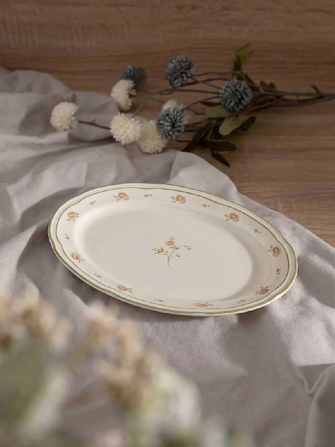 Блюдо овальное 30x22см DE'NASTIA Provence цветочный принт зеленая кайма фарфор 000000000001231316