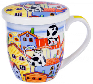 Кружка 350мл заварочная фарфор с металлическимситом Кошки подарочная упаковка Olaff 141-08004 000000000001197835