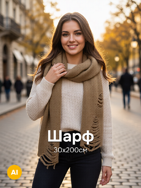 Шарф 30х200см рваный песочный полиэстер 000000000001229231