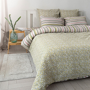 Комплект постельного белья Семейный DE'NASTIA (50x70см-2шт/70x70см-2шт/под-145x210см-2шт/пр-230x260см) Либерти полоска зеленый/розовый жатый хлопок 000000000001221457