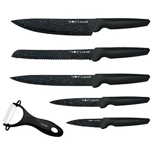 Набор ножей 6 предметов (поварской20см, для хлеба20см, для нарезки20см, универсальный12,7см, овощной9см, овощечистка) LOEWE черный нержавеющая сталь 000000000001218626