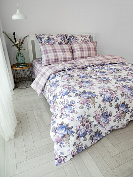 КомплектПостельногоБельяЕвроDE'NASTIA(пододеяльник200х220смПростыня230х260смНаволочки50x70см2шт/70х70см2шт)DreamПионыКлетка фиолетовыйбелыйЖатыйХлопок 000000000001227501