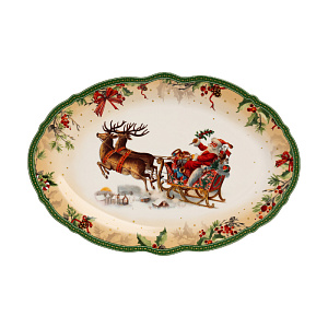 Блюдо овальное DE'NASTIA Новый год белый/зеленый фарфор 000000000001220562