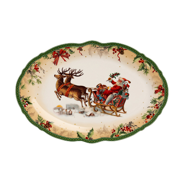 Блюдо овальное DE'NASTIA Новый год белый/зеленый фарфор 000000000001220562