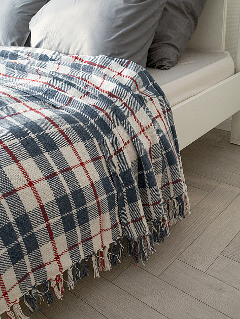 Покрывало 150x200см DE'NASTIA клетка синий/белый хлопок 000000000001229646