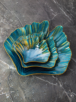 Блюдо сервировочное 25см EFE GLASS Ракушка золотая кайма синий стекло 000000000001213515