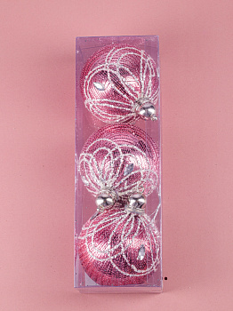 Набор новогодних шаров 3шт 8см Паутинка розовая роза пластик 000000000001208654