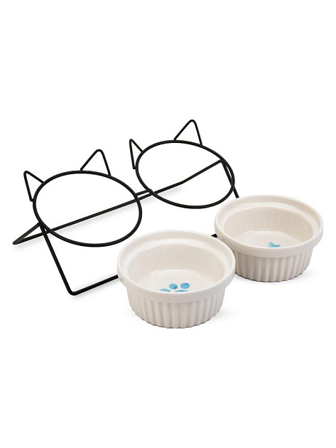 Миска для животных 300мл двойная на подставке ЛАПКИ в ассортименте керамика/металл 000000000001229128