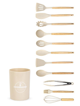 Набор кухонных принадлежностей 12 предметов с подставкой в ассортименте силикон/дерево 000000000001229402