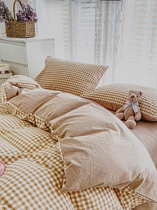 Комплект постельного белья Евро 50х70см-2шт (простыня 230х230см, наволочки 50х70см-2шт, пододеяльник 200х230см) Клетка бежевый хлопок/полиэстер 000000000001229203