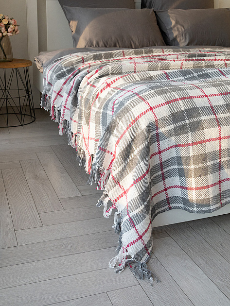 Покрывало 150x200см DE'NASTIA клетка серый/белый хлопок 000000000001229648