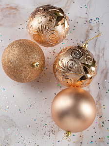 Набор украшений декоративных 4шт золото пластик (шар матовый 10см-1шт, шар с блестками 10см-1шт, шар с рисунком 10см-2шт) 000000000001208292