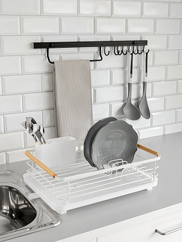 Сушилка кухонная 42x30x16см DE'NASTIA с поддоном и ручками белый железо/ПП/бук 000000000001227723