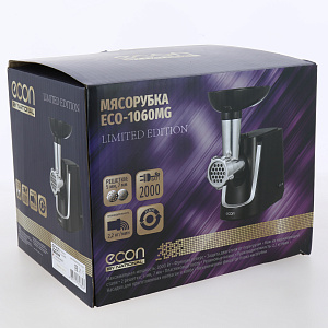 Мясорубка ECON ECO-1060MG мощность2000Вт.Производительность2,2кг/мин.Функция реверс. 2решетки7/5мм.Насадки для Колбасок и Кеббе. Корпус черный пластик 000000000001212408