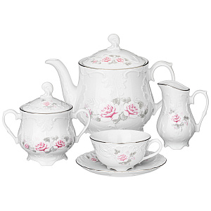Сервиз чайный 15 предметов CMIELOW Рококо Бледная роза отводка платиной фарфор 000000000001214849