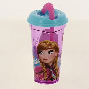 Стакан пластиковый 400мл с соломинкой и крышкой прозрачный Холодное сердце Цветы Stor 265193/86831 000000000001193188