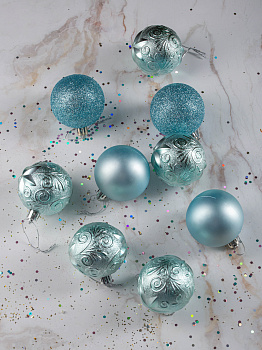 Набор украшений декоративных 9шт голубой пластик (шар матовый 6см-2шт, шар с блестками 6см-2шт, шар с рисунком 6см-5шт) 000000000001208296