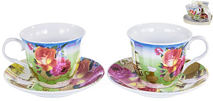 Набор чайный фарфор 2 чашки 250мл+2 блюдца подарочная упаковка с бантом ВАЗА С ЦВЕТАМИ OLAFF 124-01062 000000000001193910