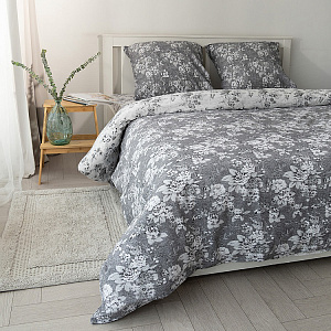 Комплект постельного белья 1,5спальный DE'NASTIA (70x70см-2шт/под-145x210см/пр-150x215см) Туаль де жуи серый/белый жатый хлопок 000000000001221446