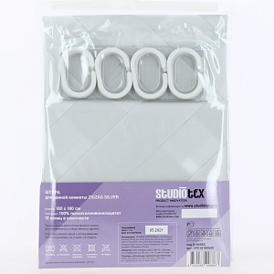 Штора для ванной комнаты 180х180см 12 колец STUDIOTEX Zigzag Silver. Плотные. Быстро высыхают. Мыть мягкой губкой с мыльным раствором. Не стирать.Peva 000000000001211946
