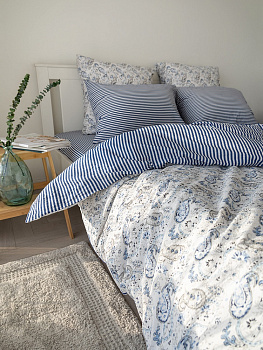 Комплект постельного белья Семейный DE'NASTIA (50x70см-2шт/70x70см-2шт/под-145x210см-2шт/пр-230x260см) Азулежу белый/голубой/синий жатый хлопок 000000000001221459
