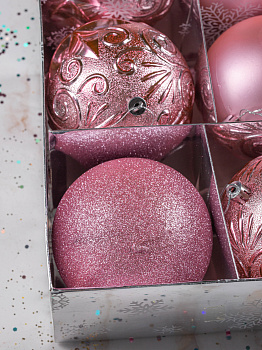 Набор украшений декоративных 4шт розовый пластик (шар матовый 10см-1шт, шар с блестками 10см-1шт, шар с рисунком 10см-2шт) 000000000001208304