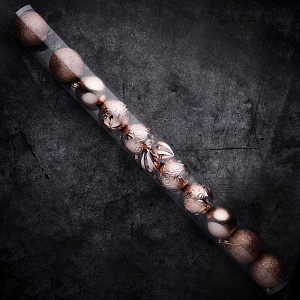 Набор украшений декоративных 12шт золото пластик (шар с блестками 8см-4шт, шар гладкий 8см-2шт, шар с рисунком 8см-4шт, шишка гладкая 10см-2шт) 000000000001208289