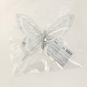 Новогоднее ёлочное украшение Бабочка в серебре из полиэстера на клипсе из черного металла 18,5x14x1см 82248 000000000001201777