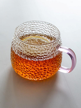 Кружка 450мл LUCKY розовая ручка фактурное боросиликатное жаропрочное стекло 000000000001217908