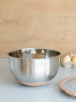 Миска 3л DE'NASTIA прозрачная крышка силиконовое дно бежевый нержавеющая сталь 000000000001228053