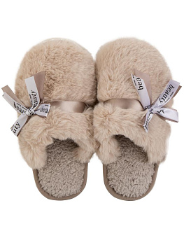 Тапочки домашние 38-39 женские меховые атласный бант бежевый полиэстер/ПВХ 000000000001228918