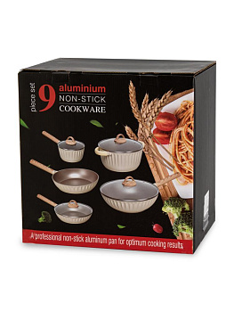 Набор посуды для приготовления 9 предметов (ковш 16см 1,4л/кастрюля 24см 4,6л/сковорода 20см, 24см/сковорода вок-28см/крышка 4шт) белый алюминий 000000000001229790