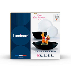 DIWALI BLACK/WHITE Набор столовой посуды 19 предметов LUMINARC стекло 000000000001221986