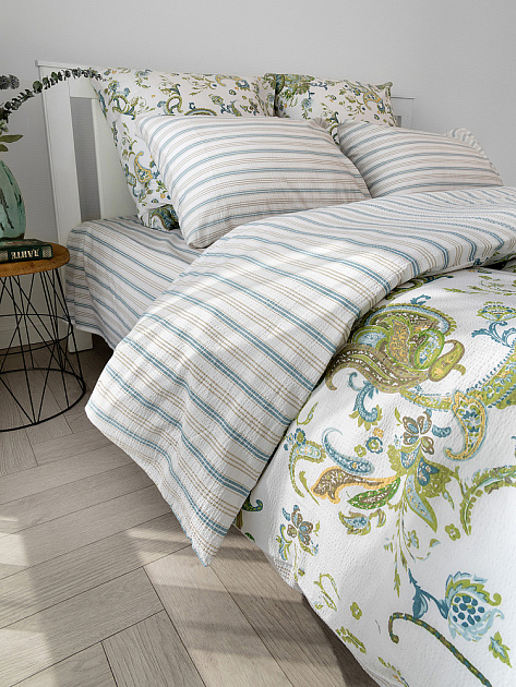 Комплект постельного бельяЕвроDE'NASTIA(пододеяльник200х220простыня230х260наволочки50x70см2шт70х70см2шт)BotehОгурцыПолоскаБелыйЗеленыйСинийЖатыйХлопок 000000000001227510