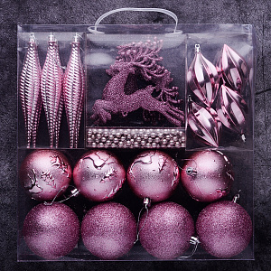 Набор украшений декоративных 25шт розовый пластик(шар матовый+с рисунком 8см по 4шт,сосулька 15см-6шт,олень 13х14см-6шт,шишка 4,5х8,5см-4шт,бусы360см) 000000000001208305