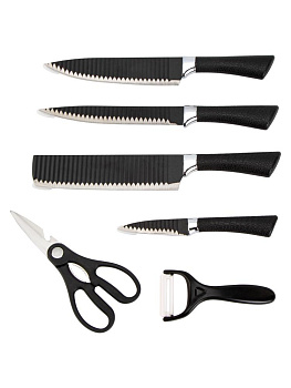 Набор ножей 6предметов(нож-измельчитель19,7см, шеф-нож19см,нож для мяса19см,нож для овощей8,5см, ножницы, овощечистка)черный нержавеющая сталь/пластик 000000000001228523