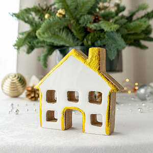 Декоративная фигурка 12x11x2,5см DE'NASTIA Домик бело-золотой дерево манго 000000000001225946