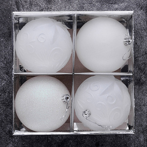 Набор украшений декоративных 4шт белый пластик (шар матовый 10см-1шт, шар с блестками 10см-1шт, шар с рисунком 10см-2шт) 000000000001208310