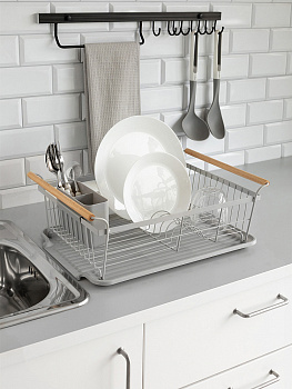 Сушилка кухонная 46x32,5x16см DE'NASTIA с поддоном и ручками серый железо/ПП/бук 000000000001227724