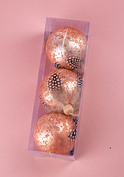 Набор новогодних шаров 3шт 8см с пером и деревянным крючком шампань пластик 000000000001209020