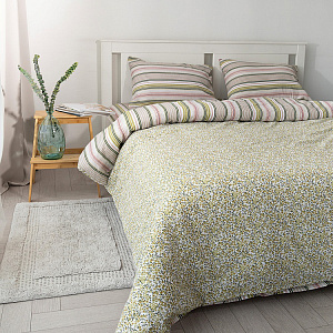 Комплект постельного белья 1,5спальный DE'NASTIA (50x70см-2шт/под-145x210см/пр-150x215см) Либерти полоска зеленый/розовый жатый хлопок 000000000001221442